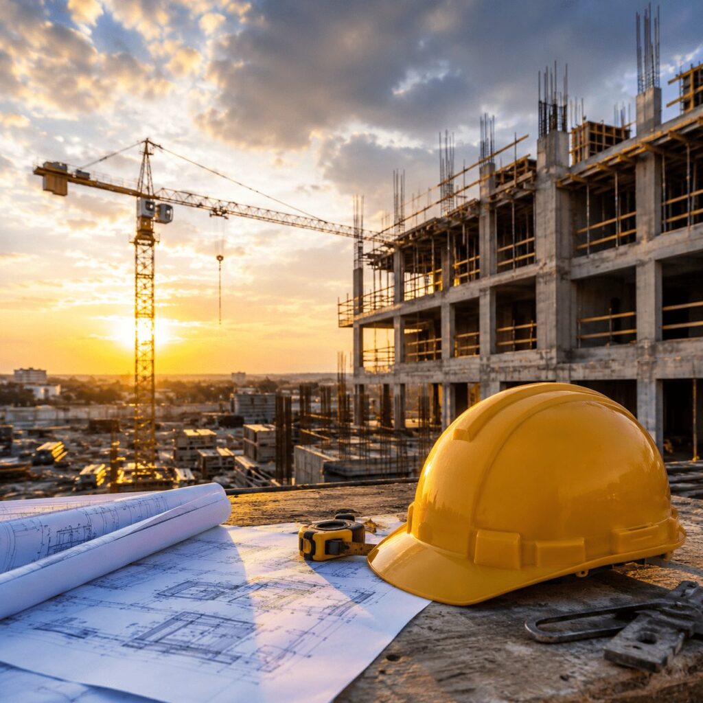 Cască galbenă, planuri de construcție și ruletă pe un șantier cu macara la apus.