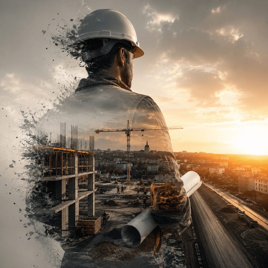 Inginer cu cască albă și planuri, suprapus peste un șantier de construcții la apus.
