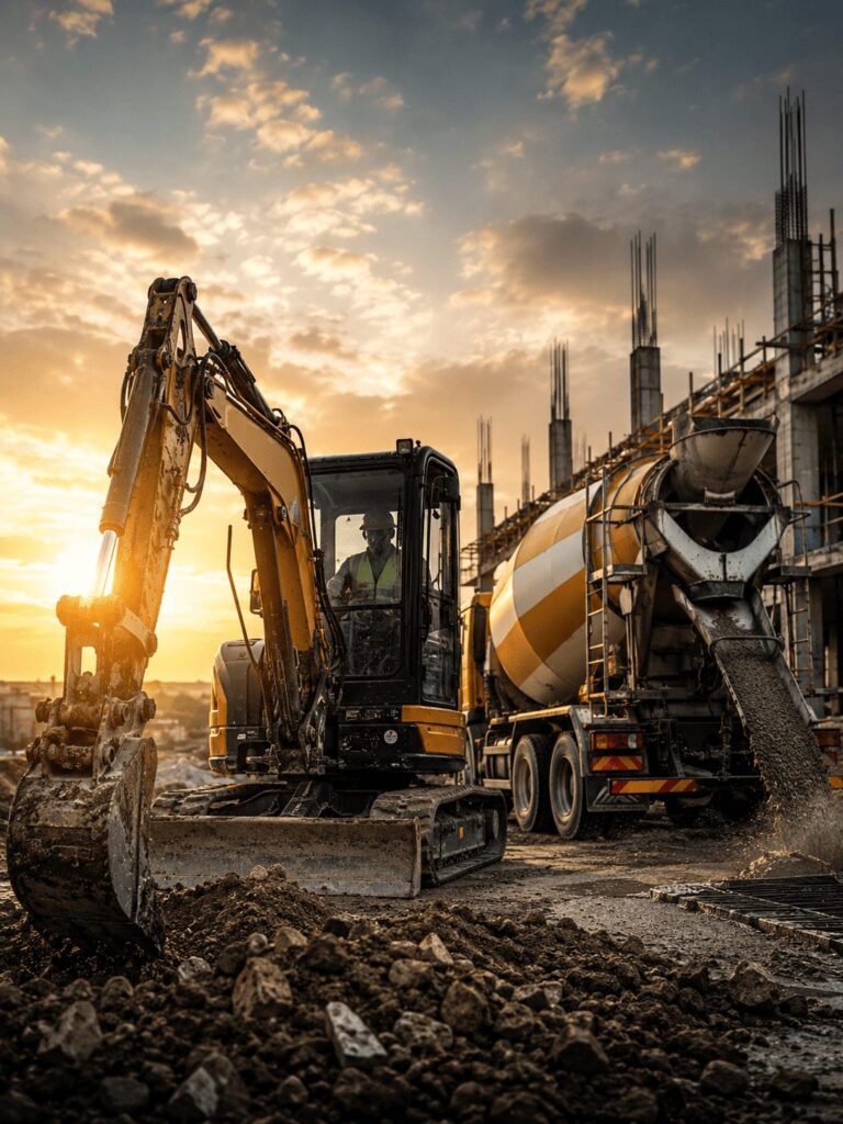 Excavator și autobetonieră pe un șantier de construcții la apus.
